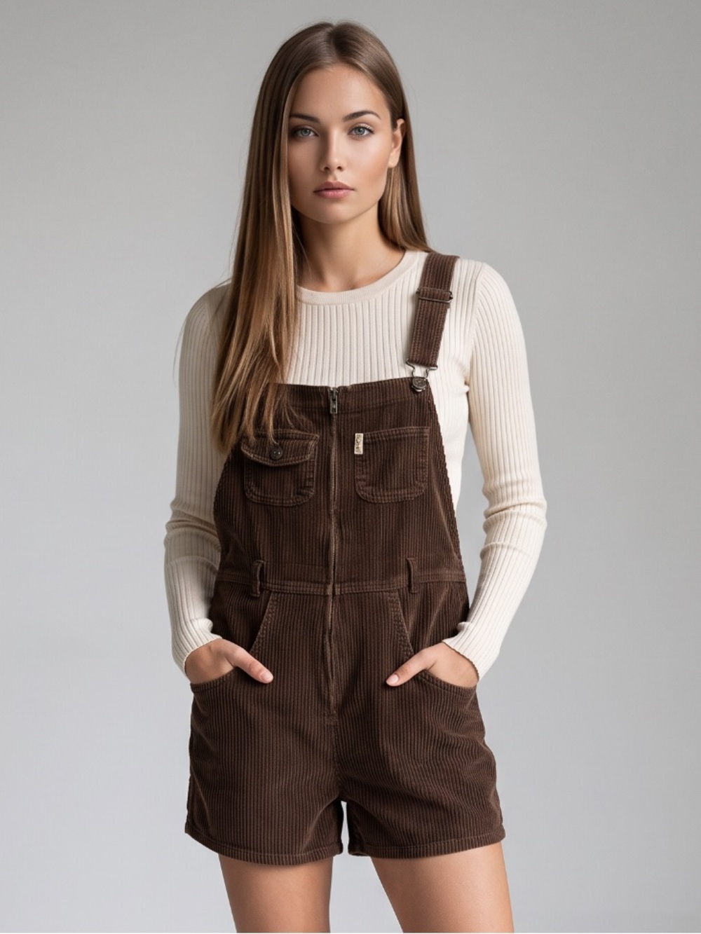🌻Vintage Express Corduroy Shortalls Brown Overalls Romper Y2K Size Large
